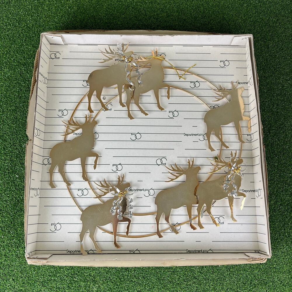 Vintage Department 56 Metallic Silver Chrome Christmas Reindeer Wreath